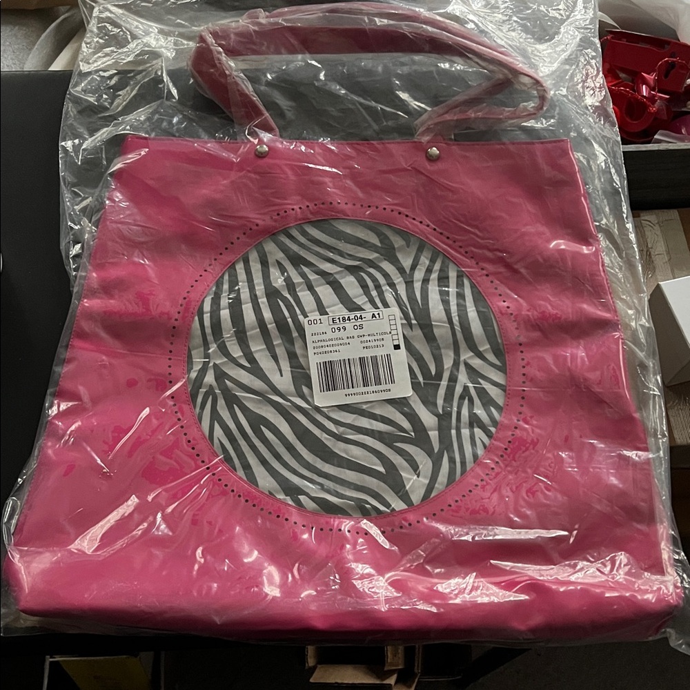 VS zebra and pink tote 17x16 zippered interior  pocket 12” drop handles NWT